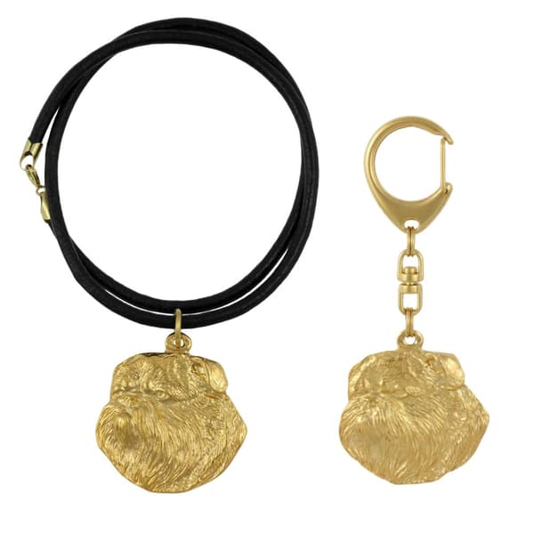 Bryssel Griffon, Griffon bruxellois I - nyckelring och halsband med en hund i en låda, högkvalitativ guldpläterad produkt, Art-Dog varumärke