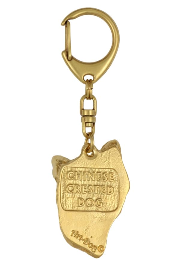 Chinese Crested Dog - nyckelring och halsband med en hund i en låda, högkvalitativ guldpläterad produkt, Art-Dog varumärke