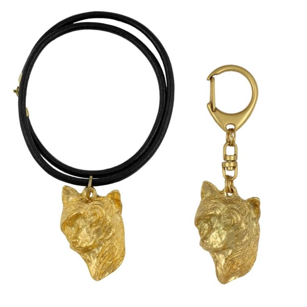Chinese Crested Dog - nyckelring och halsband med en hund i en låda, högkvalitativ guldpläterad produkt, Art-Dog varumärke
