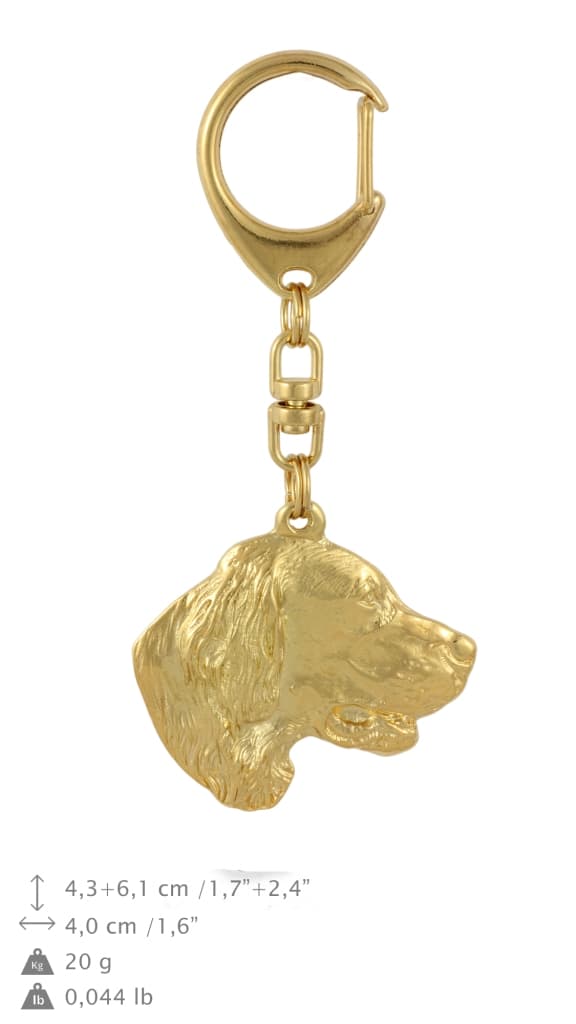 Engelsk Setter, Laverack - nyckelring och halsband med en hund i en låda, högkvalitativ guldpläterad produkt, Art-Dog varumärke