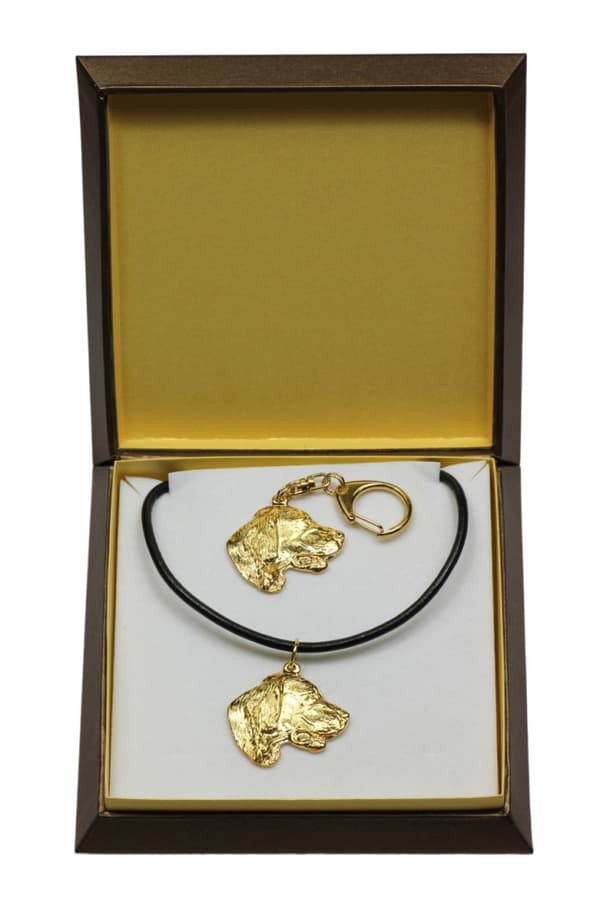 Engelsk Setter, Laverack - nyckelring och halsband med en hund i en låda, högkvalitativ guldpläterad produkt, Art-Dog varumärke
