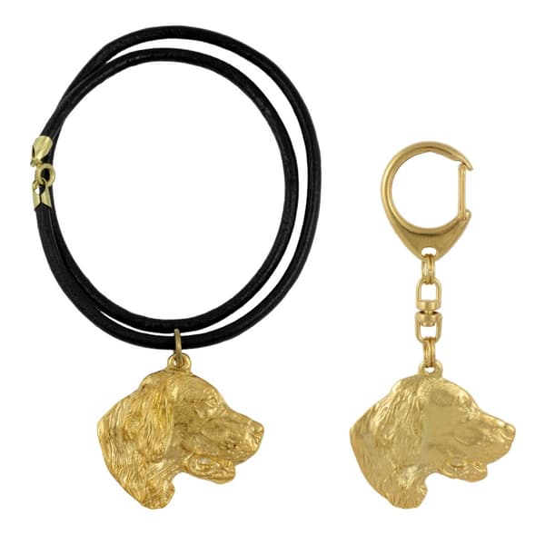 Engelsk Setter, Laverack - nyckelring och halsband med en hund i en låda, högkvalitativ guldpläterad produkt, Art-Dog varumärke