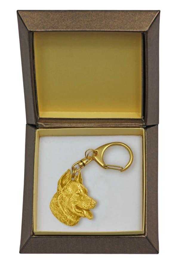Beauceron French Shepherd - nyckelring och halsband med en hund i en låda, högkvalitativ guldpläterad produkt, Art-Dog varumärke