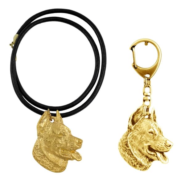 Beauceron French Shepherd - nyckelring och halsband med en hund i en låda, högkvalitativ guldpläterad produkt, Art-Dog varumärke