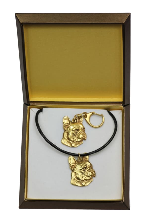 French bulldog I - nyckelring och halsband med en hund i en låda, högkvalitativ guldpläterad produkt, Art-Dog varumärke