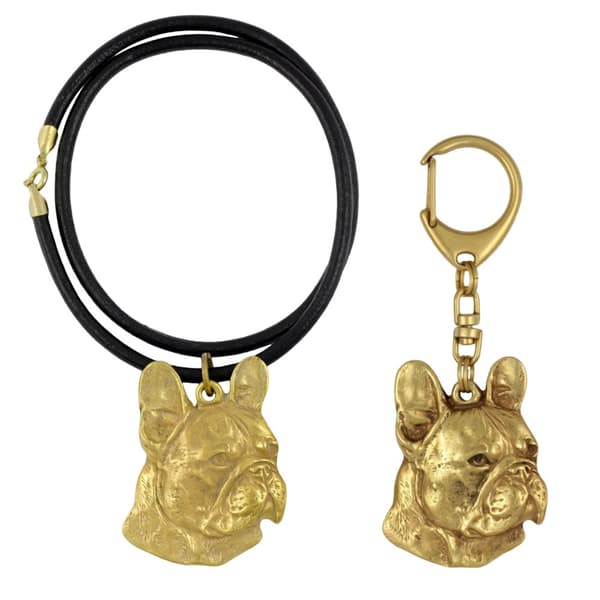French bulldog I - nyckelring och halsband med en hund i en låda, högkvalitativ guldpläterad produkt, Art-Dog varumärke