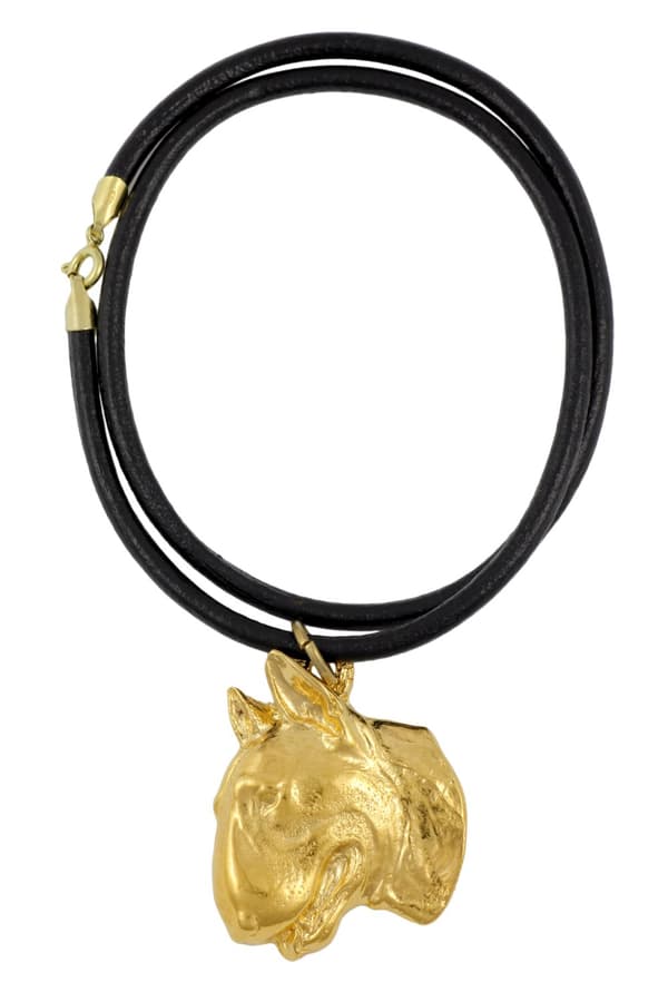 Bull terrier, Bull Terrier II - nyckelring och halsband med en hund i en låda, högkvalitativ guldpläterad produkt, Art-Dog varumärke