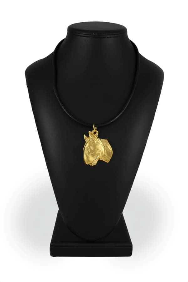 Bull terrier, Bull Terrier II - nyckelring och halsband med en hund i en låda, högkvalitativ guldpläterad produkt, Art-Dog varumärke