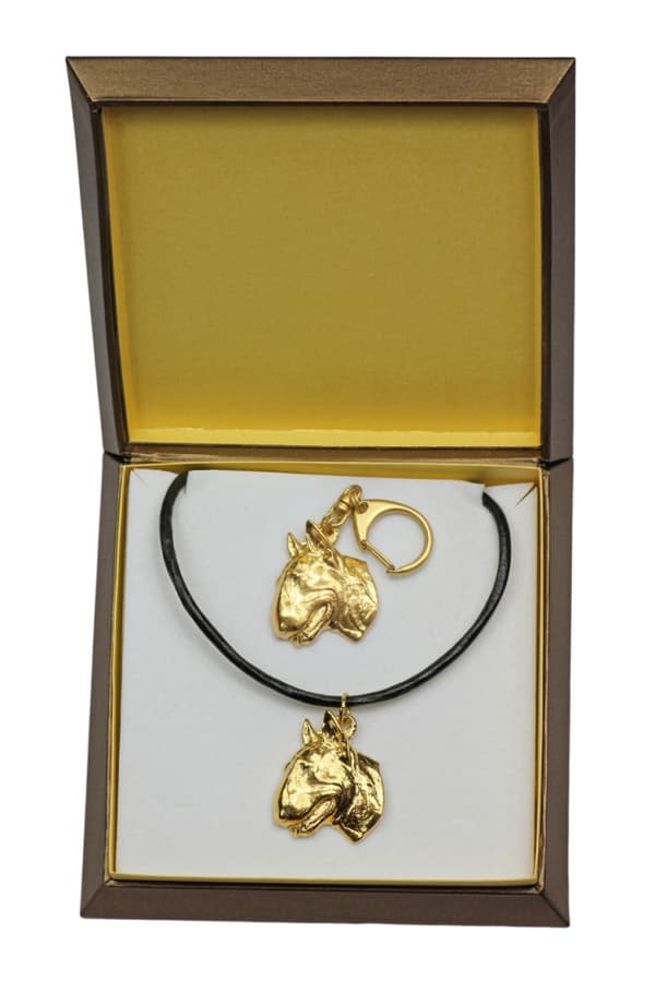 Bull terrier, Bull Terrier II - nyckelring och halsband med en hund i en låda, högkvalitativ guldpläterad produkt, Art-Dog varumärke