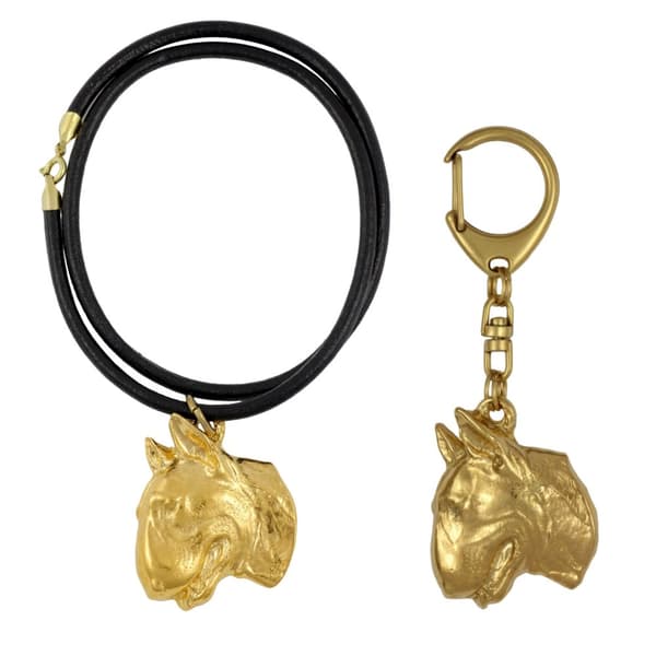 Bull terrier, Bull Terrier II - nyckelring och halsband med en hund i en låda, högkvalitativ guldpläterad produkt, Art-Dog varumärke