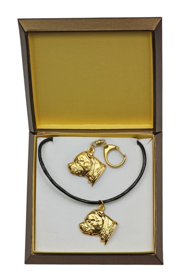 Staffordshire Bull Terrier, Staffik, Staffi II - nyckelring och halsband med en hund i låda, högkvalitativ guldpläterad produkt, Art-Dog varumärke