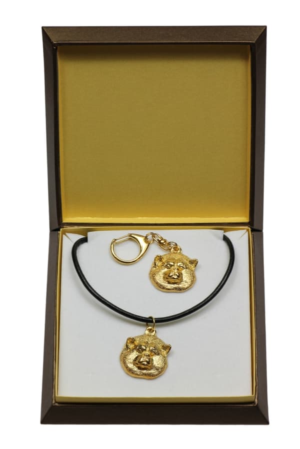 Akita, Akita Inu - nyckelring och halsband med en hund i en låda, högkvalitativ guldpläterad produkt, Art-Dog varumärke
