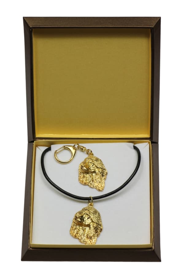 Afghan Hound I - nyckelring och halsband med en hund i en låda, högkvalitativ guldpläterad produkt, Art-Dog varumärke