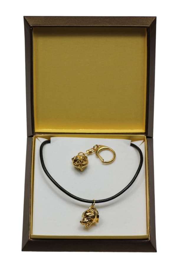Staffordshire Bull Terrier, Staffik, Staffi - nyckelring och halsband med en hund i låda, högkvalitativ guldpläterad produkt, Art-Dog varumärke