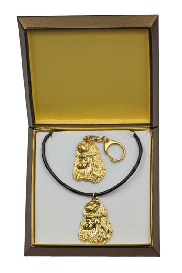 Pudel - nyckelring och halsband med en hund i en låda, högkvalitativ guldpläterad produkt, Art-Dog varumärke