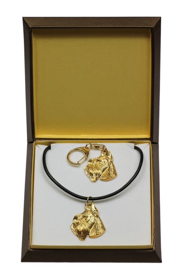 Schnauzer, Schnauzer II - nyckelring och halsband med en hund i en låda, högkvalitativ guldpläterad produkt, Art-Dog varumärke