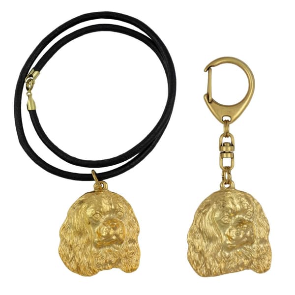 Cavalier King Charles Spaniel - nyckelring och halsband med en hund i en låda, högkvalitativ guldpläterad produkt, Art-Dog varumärke