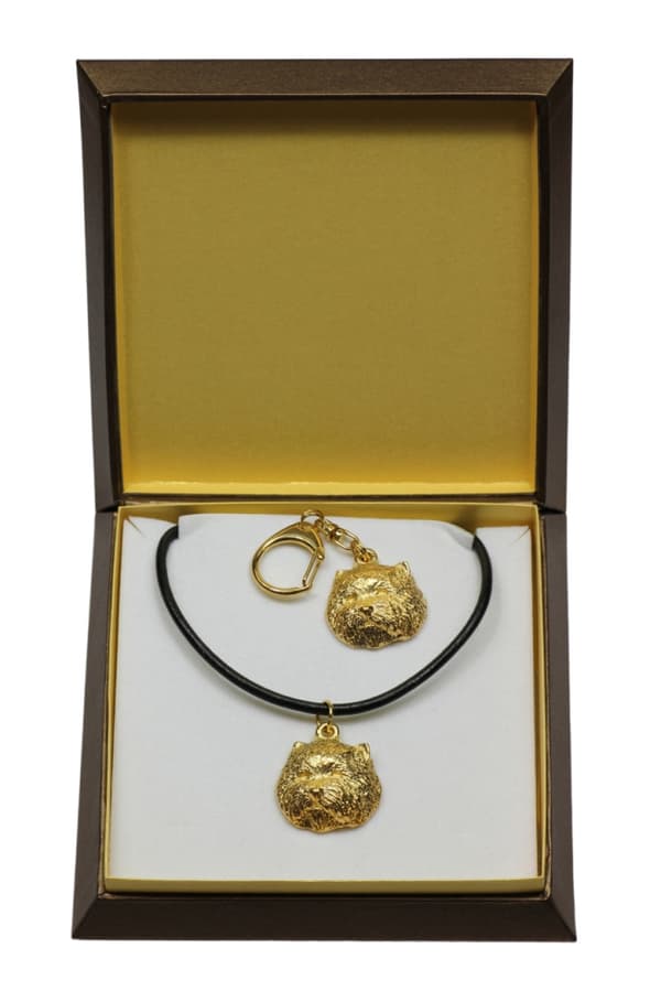 West Highland White Terrier, Westie - nyckelring och halsband med en hund i en låda, högkvalitativ guldpläterad produkt, Art-Dog varumärke