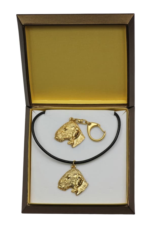 Bedlington Terrier, Rothbury Terrier - nyckelring och halsband med en hund i låda, högkvalitativ guldpläterad produkt, Art-Dog varumärke