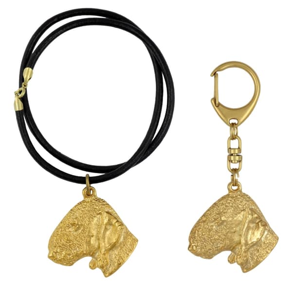 Bedlington Terrier, Rothbury Terrier - nyckelring och halsband med en hund i låda, högkvalitativ guldpläterad produkt, Art-Dog varumärke