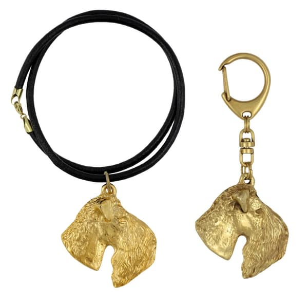 Kerry Blue Terrier, Irish Blue Terrier - nyckelring och halsband med en hund i låda, högkvalitativ guldpläterad produkt, Art-Dog varumärke