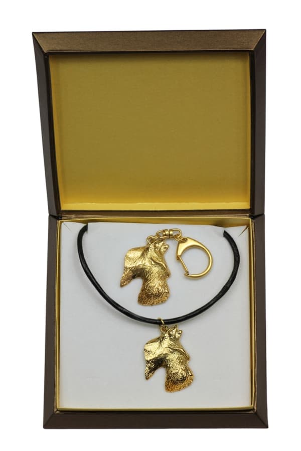 Scottish Terrier, Aberdeen Terrier - nyckelring och halsband med en hund i en låda, högkvalitativ guldpläterad produkt, Art-Dog varumärke