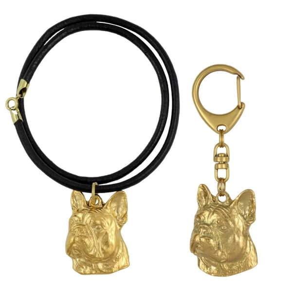 French Bulldog II - avaimenperä ja kaulakoru koiralla laatikossa, laadukas kullattu tuote, Art-Dog merkki