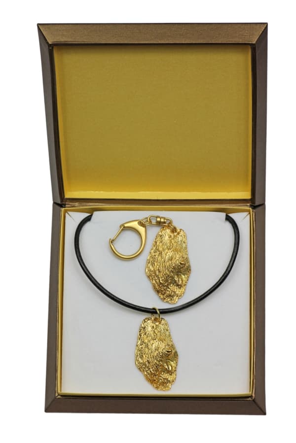 Fransk Shepherd Briard, Berger de Brie I - nyckelring och halsband med en hund i en låda, högkvalitativ guldpläterad produkt, Art-Dog varumärke