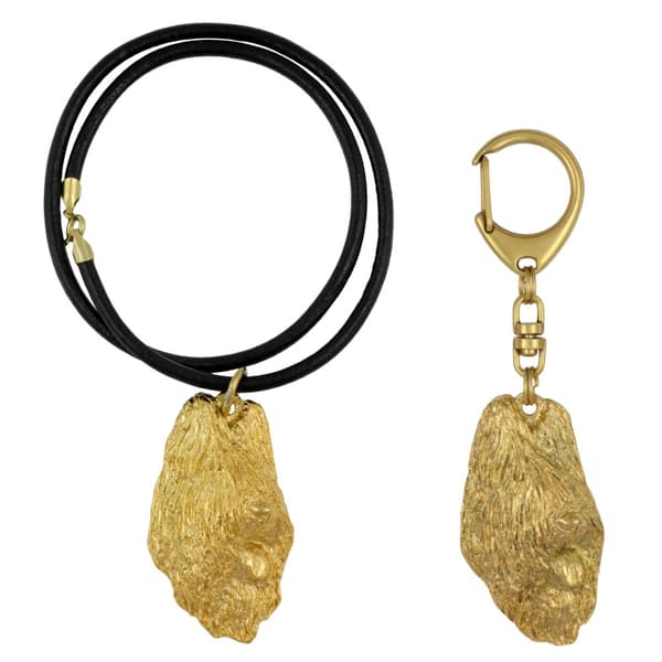 Fransk Shepherd Briard, Berger de Brie I - nyckelring och halsband med en hund i en låda, högkvalitativ guldpläterad produkt, Art-Dog varumärke