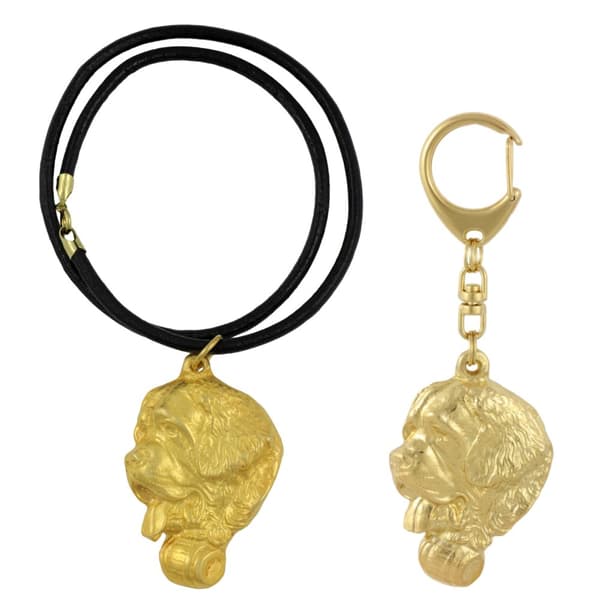 St. Bernard, hund från St. Bernarda - nyckelring och halsband med en hund i en låda, högkvalitativ guldpläterad produkt, Art-Dog varumärke