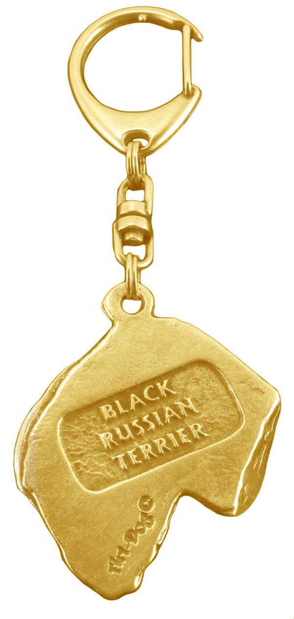 Russian Black Terrier - nyckelring och halsband med en hund i en låda, högkvalitativ guldpläterad produkt, Art-Dog varumärke