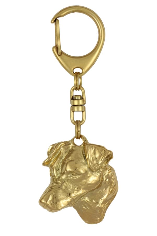 Jack Russell Terrier - nyckelring och halsband med en hund i en låda, högkvalitativ guldpläterad produkt, Art-Dog varumärke