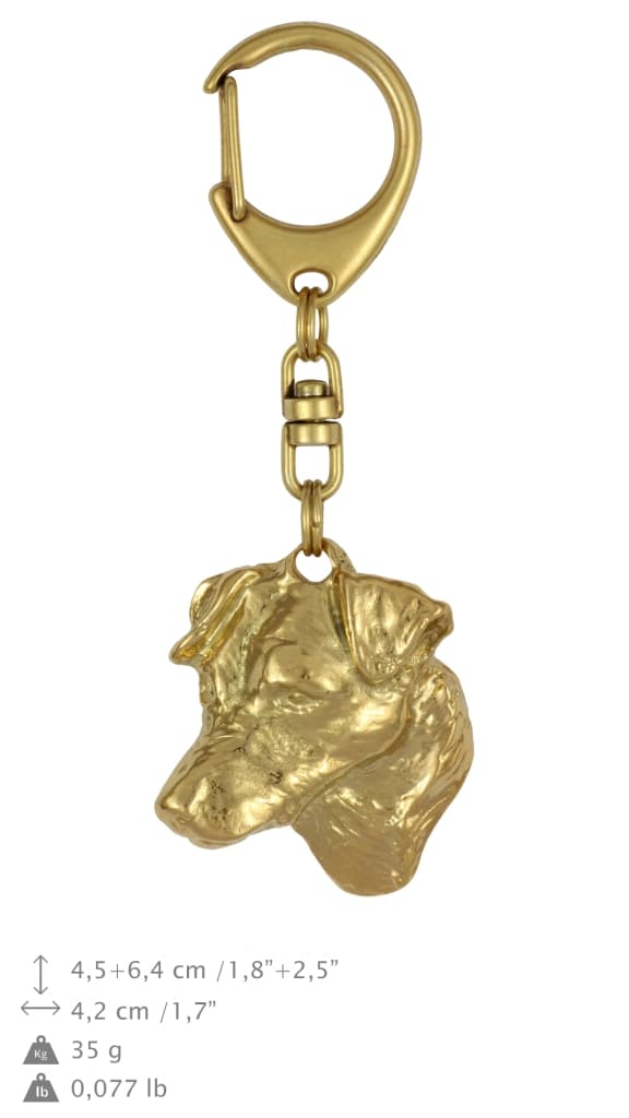 Jack Russell Terrier - nyckelring och halsband med en hund i en låda, högkvalitativ guldpläterad produkt, Art-Dog varumärke