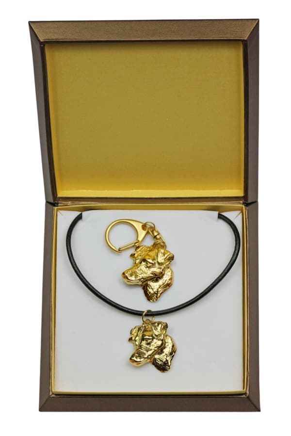 Jack Russell Terrier - nyckelring och halsband med en hund i en låda, högkvalitativ guldpläterad produkt, Art-Dog varumärke