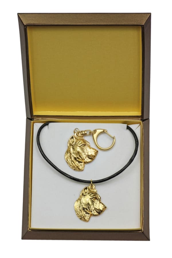 Presa Canario, Grand Danois - nyckelring och halsband med en hund i en låda, högkvalitativ guldpläterad produkt, Art-Dog varumärke