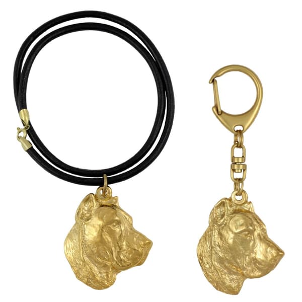 Presa Canario, Grand Danois - nyckelring och halsband med en hund i en låda, högkvalitativ guldpläterad produkt, Art-Dog varumärke