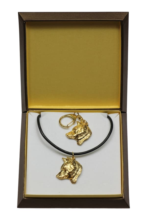 Shiba Inu - nyckelring och halsband med en hund i en låda, högkvalitativ guldpläterad produkt, Art-Dog varumärke