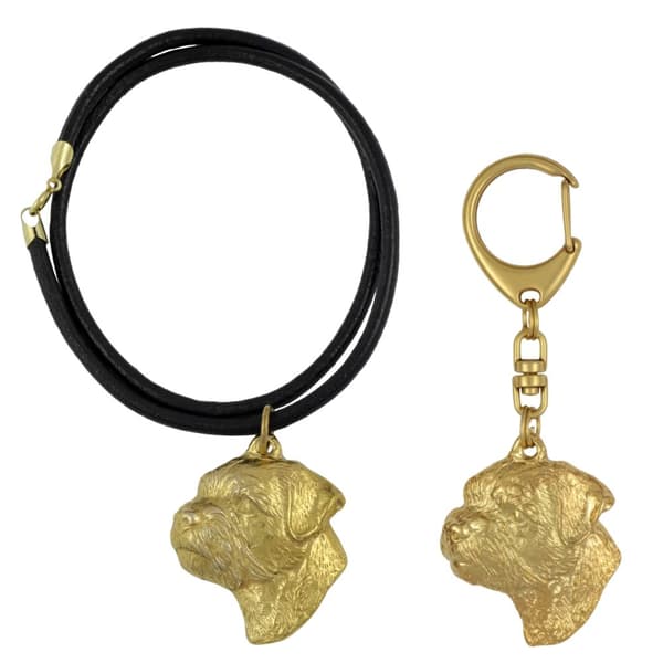 Border Terrier - nyckelring och halsband med en hund i en låda, högkvalitativ guldpläterad produkt, Art-Dog varumärke