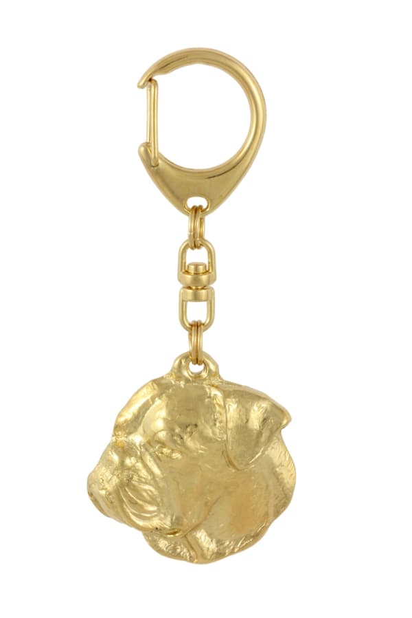 Amerikansk bulldog - nyckelring och halsband med en hund i en låda, högkvalitativ guldpläterad produkt, Art-Dog varumärke