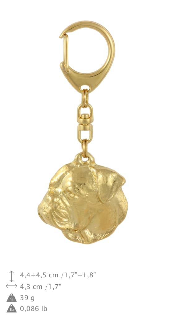 Amerikansk bulldog - nyckelring och halsband med en hund i en låda, högkvalitativ guldpläterad produkt, Art-Dog varumärke