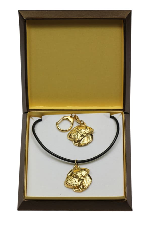 Amerikansk bulldog - nyckelring och halsband med en hund i en låda, högkvalitativ guldpläterad produkt, Art-Dog varumärke