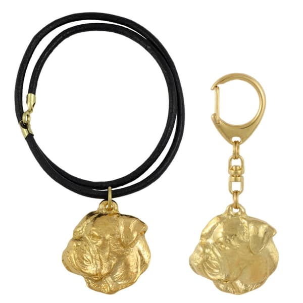 Amerikansk bulldog - nyckelring och halsband med en hund i en låda, högkvalitativ guldpläterad produkt, Art-Dog varumärke