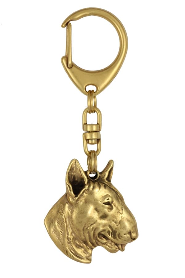 Bull terrier, Bull Terrier III - nyckelring och halsband med en hund i en låda, högkvalitativ guldpläterad produkt, Art-Dog varumärke