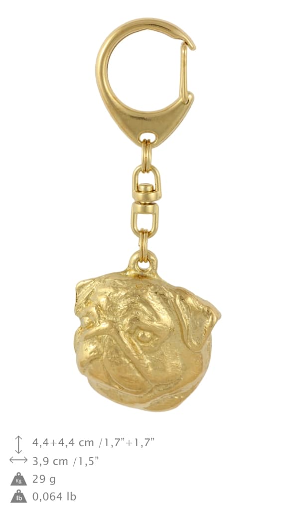Pug, Pug, Carlin II - nyckelring och halsband med en hund i en låda, högkvalitativ guldpläterad produkt, Art-Dog varumärke