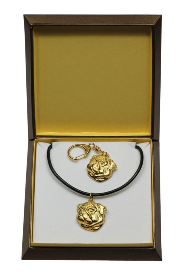 Pug, Pug, Carlin II - nyckelring och halsband med en hund i en låda, högkvalitativ guldpläterad produkt, Art-Dog varumärke