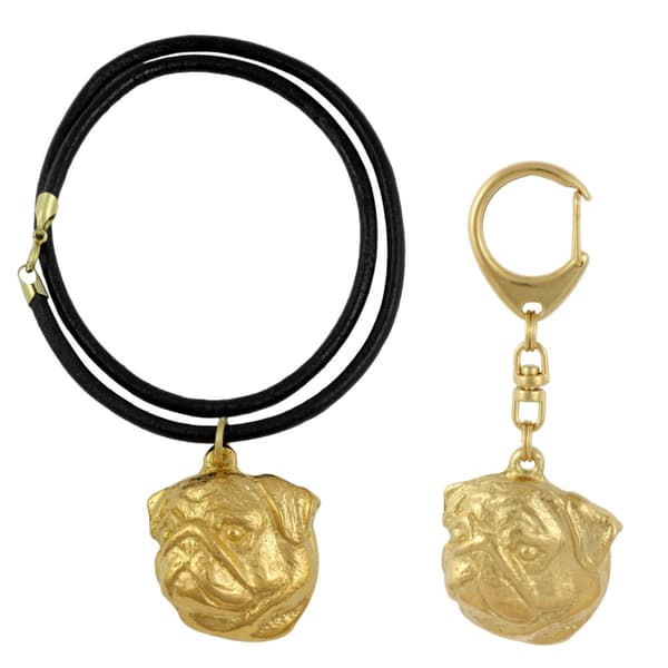 Pug, Pug, Carlin II - nyckelring och halsband med en hund i en låda, högkvalitativ guldpläterad produkt, Art-Dog varumärke