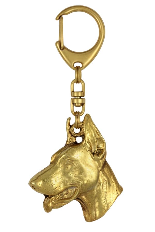 Doberman, Dobermann - nyckelring och halsband med en hund i en låda, högkvalitativ guldpläterad produkt, Art-Dog varumärke