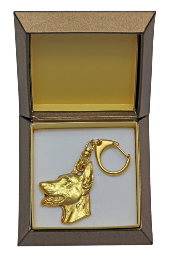 Doberman, Dobermann - nyckelring och halsband med en hund i en låda, högkvalitativ guldpläterad produkt, Art-Dog varumärke