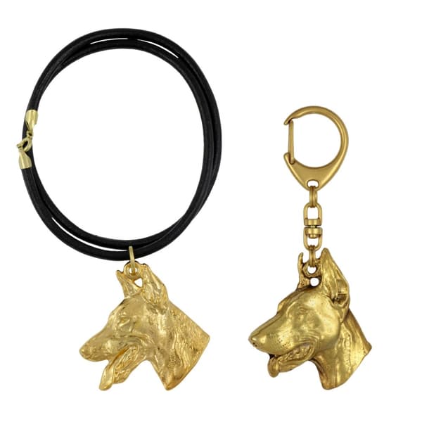 Doberman, Dobermann - nyckelring och halsband med en hund i en låda, högkvalitativ guldpläterad produkt, Art-Dog varumärke