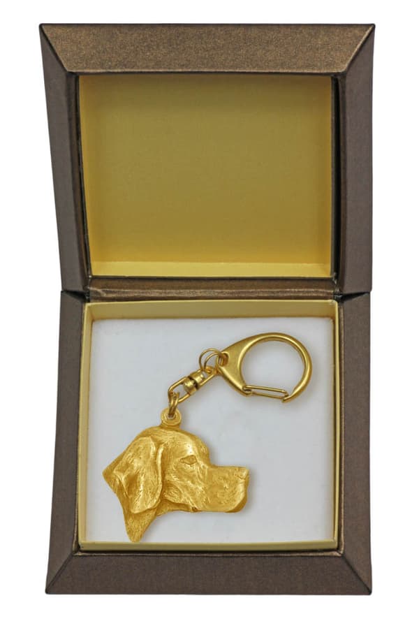 Pointer - nyckelring och halsband med en hund i en låda, högkvalitativ guldpläterad produkt, Art-Dog varumärke